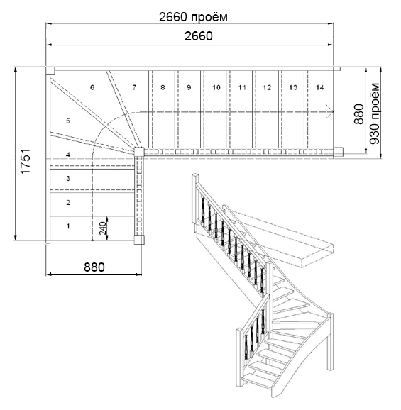 Угловая лестница план